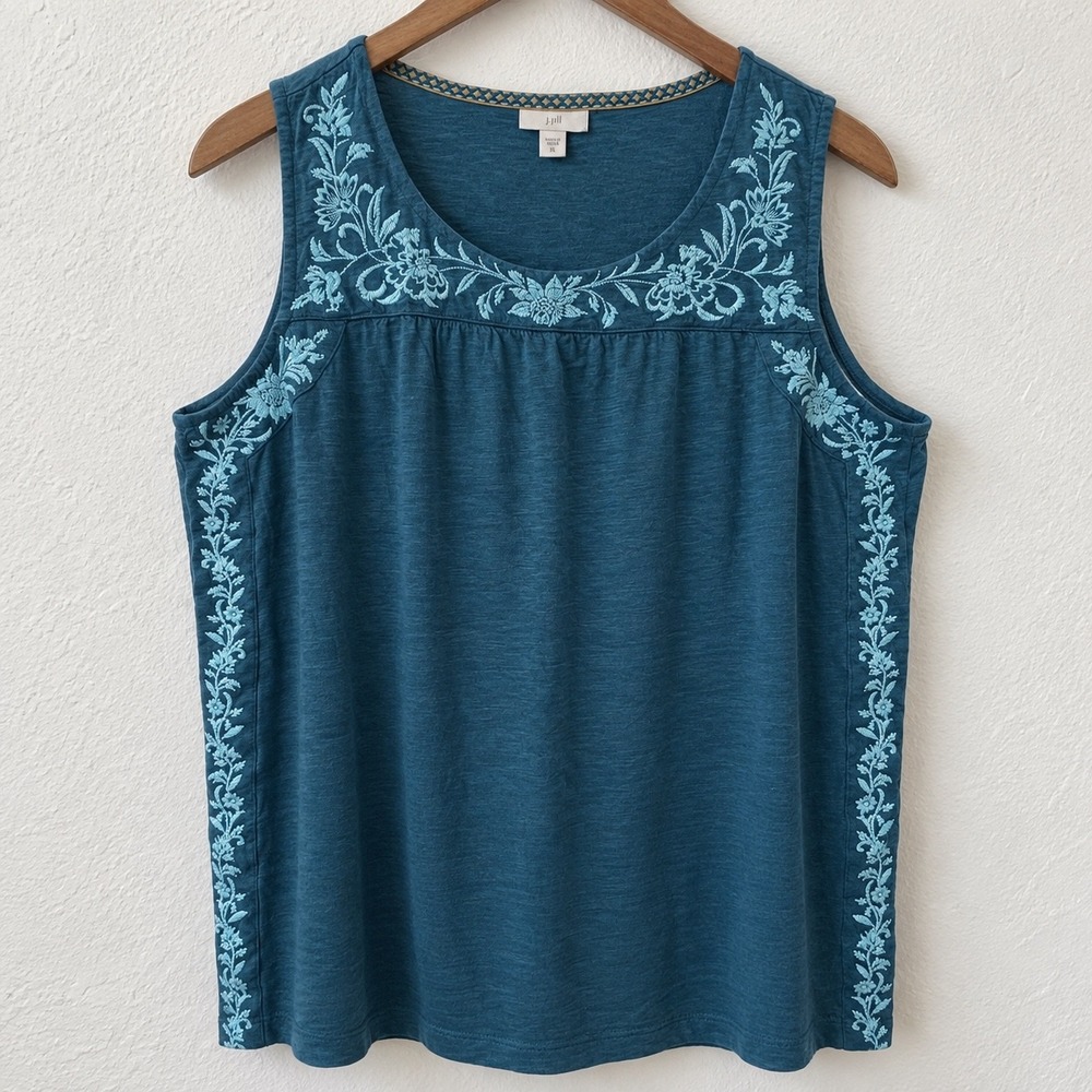 J. Jill Teal Blue Embroidered Sleeveless Tank Top XL Cotton Tencel Slub Knit